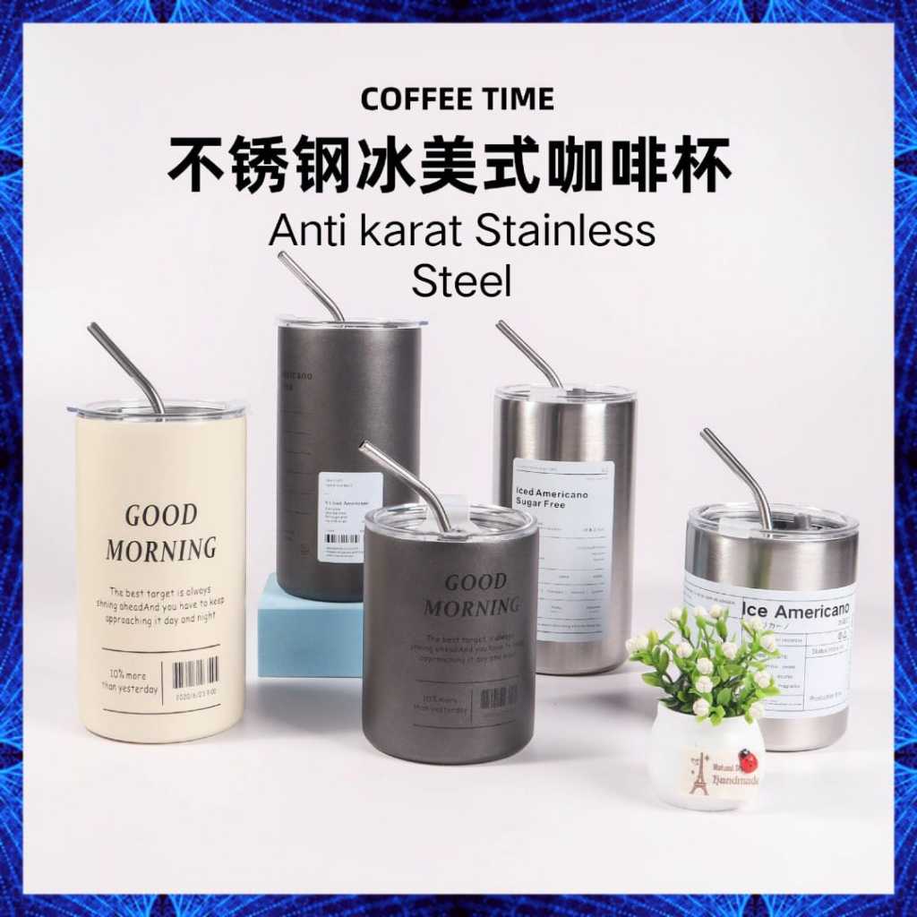 	 Stainless Steel 304 Gelas Cangkir Minum Tumbler Kopi Cup Portable 300ml 600ml Botol Minuman Air Tahan Panas Es Plus Sedotan & Tutupan Thermos Vakum 3 Warna Anti Karat dan Bocor Aman Sehat	