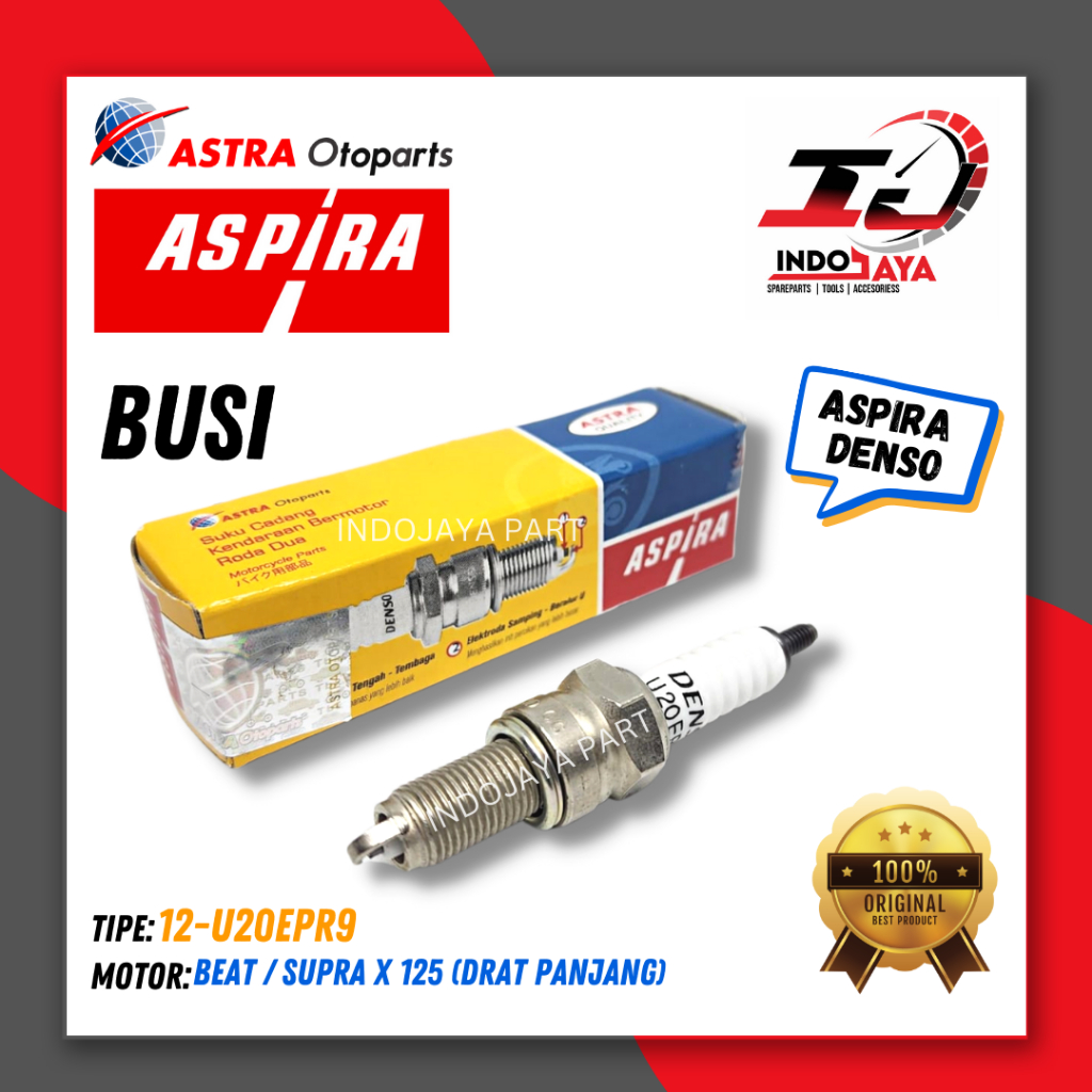 BUSI MOTOR ASPIRA DENSO 12-U20EPR9 UNTUK MOTOR BEAT / SUPRA X 125 / BLADE (DRAT PANJANG) / U20EPR9 /