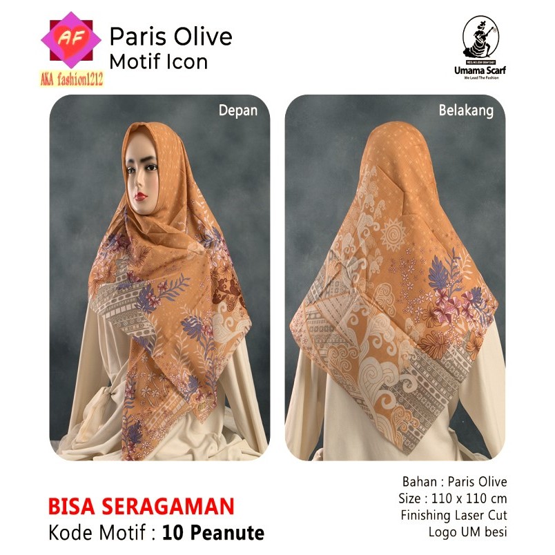 AF-001 Umama scarf paris olive motif icon metal logo UM jilbab lasercut ukuran 110x110 kerudung segi