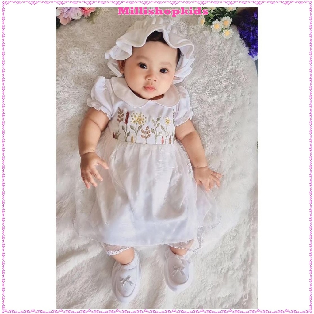 MILLI Flaminggo Dress Bayi Bordir Pita Akikah Tile Bunga Boho Flowers  Saranghae Rebecca Perempuan 8