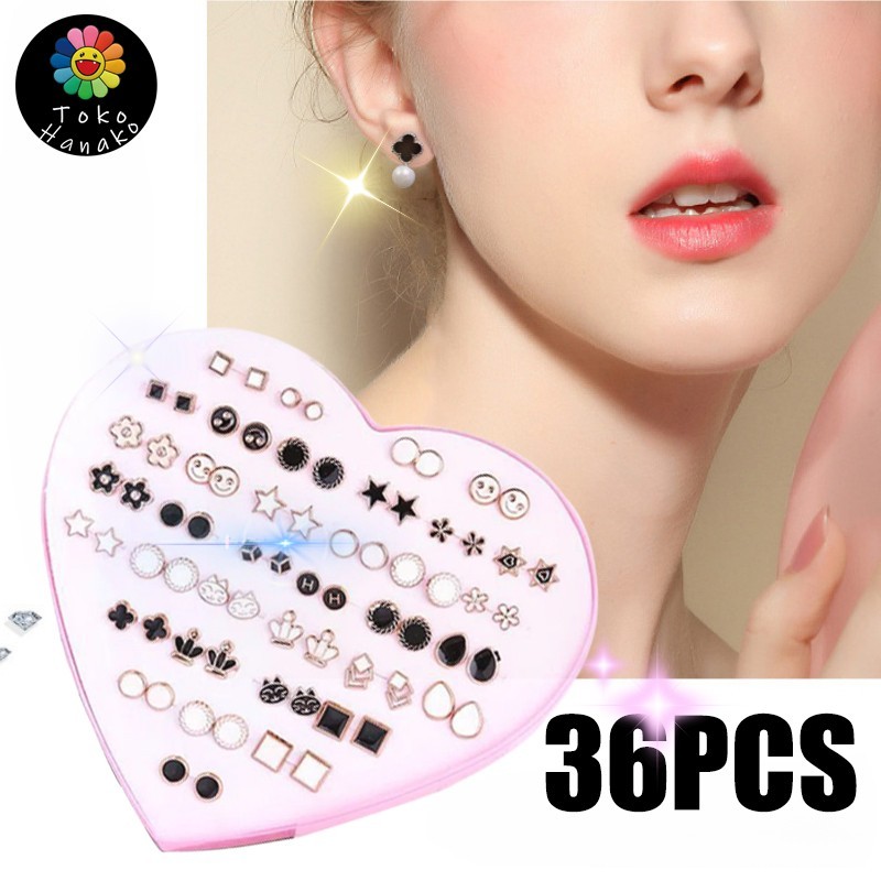 36 pasang /kotak Anting Tusuk Bentuk Hati bergaya Warna untuk Wanita