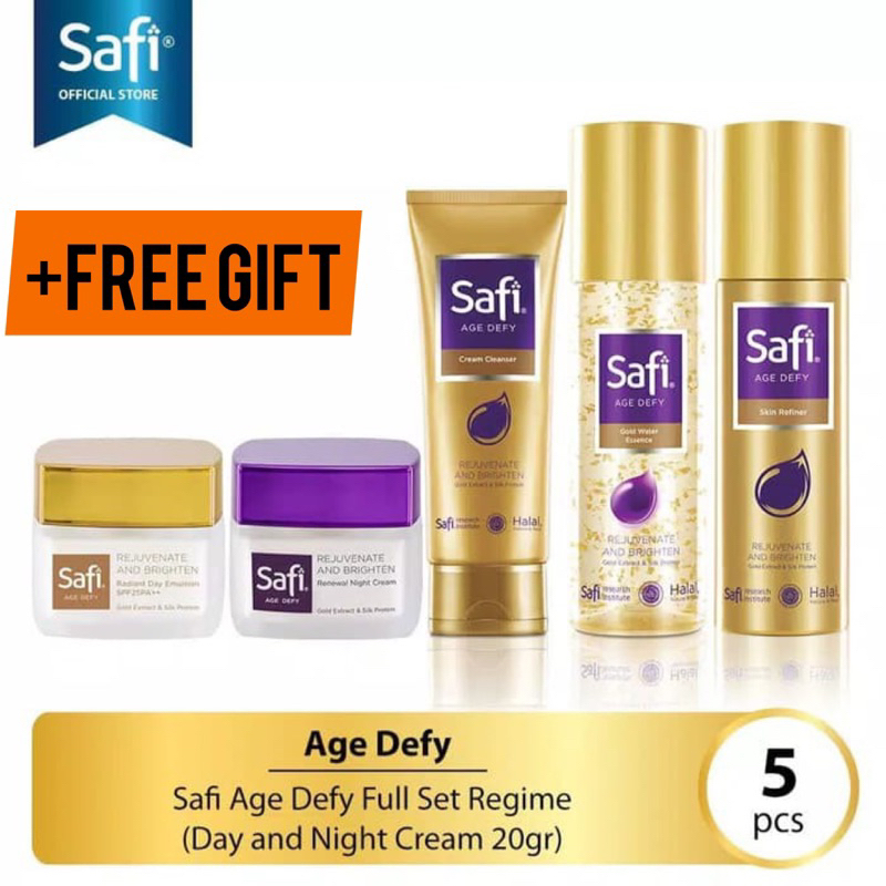 SAFI AGE DEFY PAKET HEMAT ISI 5 KECIL PAKET GLOWING (Clsr 50g+Skin Refiner 100ml+Gold Water 30ml+Day