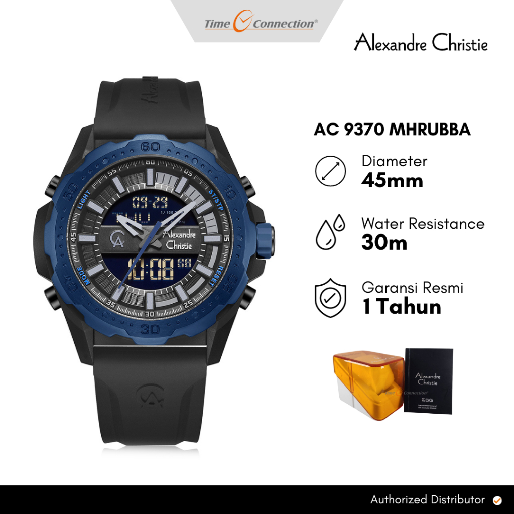 Alexandre Christie AC 9370 MHRUBBA Hitam Biru Original / Jam Tangan Pria Analog Digital Karet MH