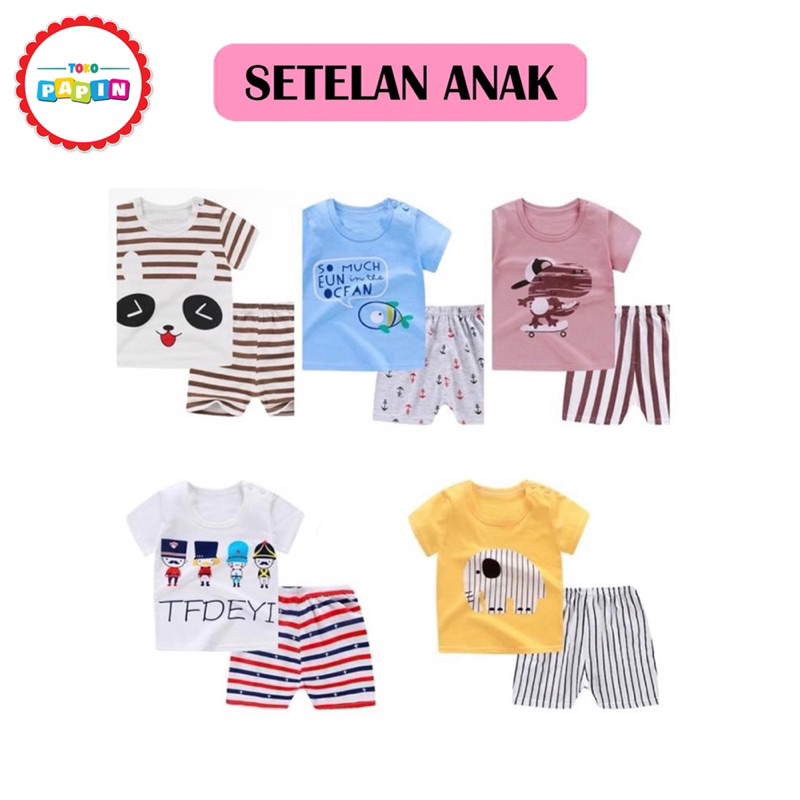 TokoPapin Baju Setelan Anak Bayi Unisex Setelan Baju Celana Kaos Anak Premium Import