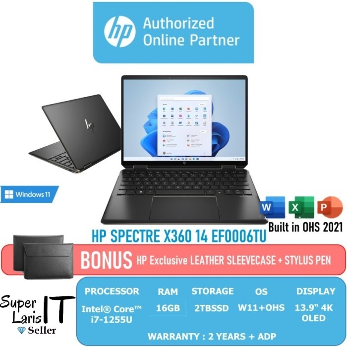 HP Spectre X360 2 in 1 14-ef0006TU i7-1255U 16GB 2TB 13.5" Oled W11 OHS