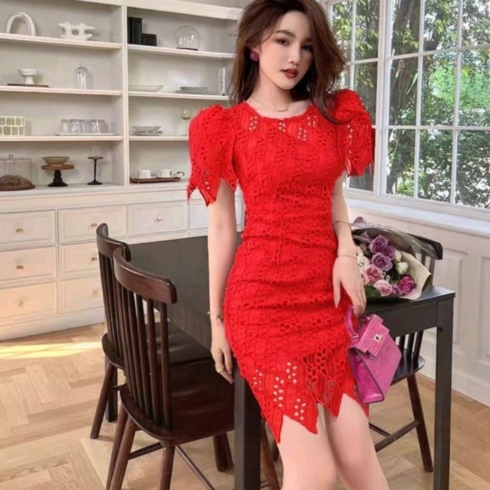 0917 Baju minidress DRESS CNY PEACELLA LACE BODYCON BROKAT KATBOL polos Korea Korean style wanita pr