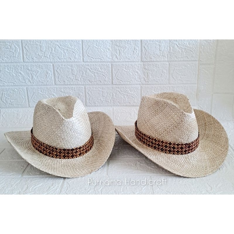 Topi Koboy/Cowboy Pria Anyaman Pandan Pita Batik