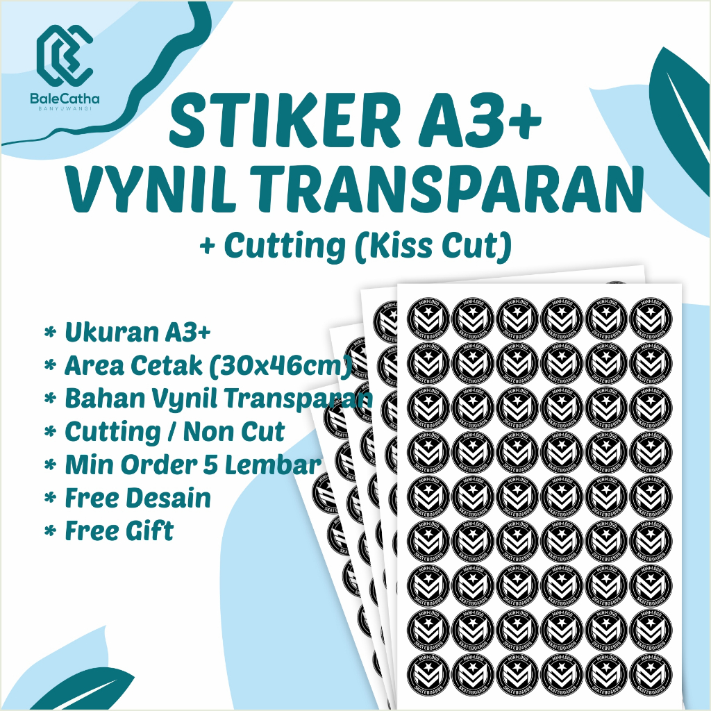 

CETAK STIKER/LABEL VYNIL TRANSPARAN A3+ Tahan Air + Cutting (Kiss Cut) | Free Desain