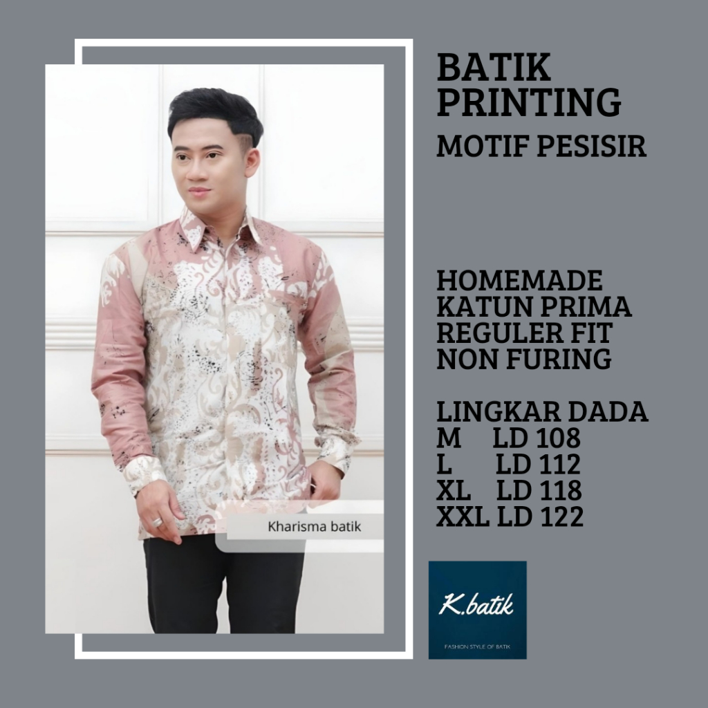 KEMEJA BATIK PRIA LENGAN PANJANG BATIK MODERN MOTIF PESISIR PINK SALEM SIZE M L XL XXL  KHARISMA BAT
