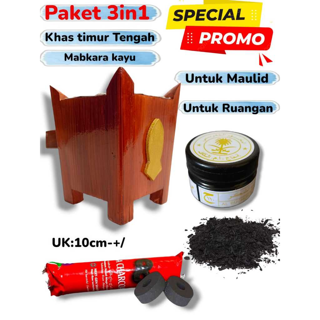 Paket Mabkhara Kayu Mini + Bukhur Maghribi Alkaff + Arang Magic 1 bungkus Promo Paket 3in1