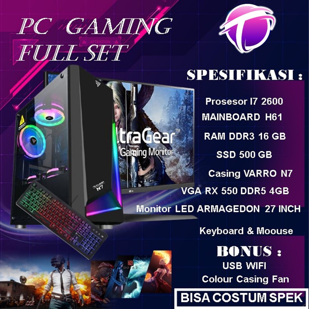 Pc Gaming Komputer Rakitan Cpu Full Set Murah Core I7 2600 Fullset 6 Jutaan VGA RX 550 6 GB