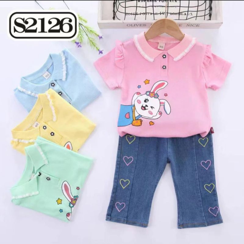 SET JEANS ANAK PEREMPUAN BAHAN LACOSTE / KAOS KERAH