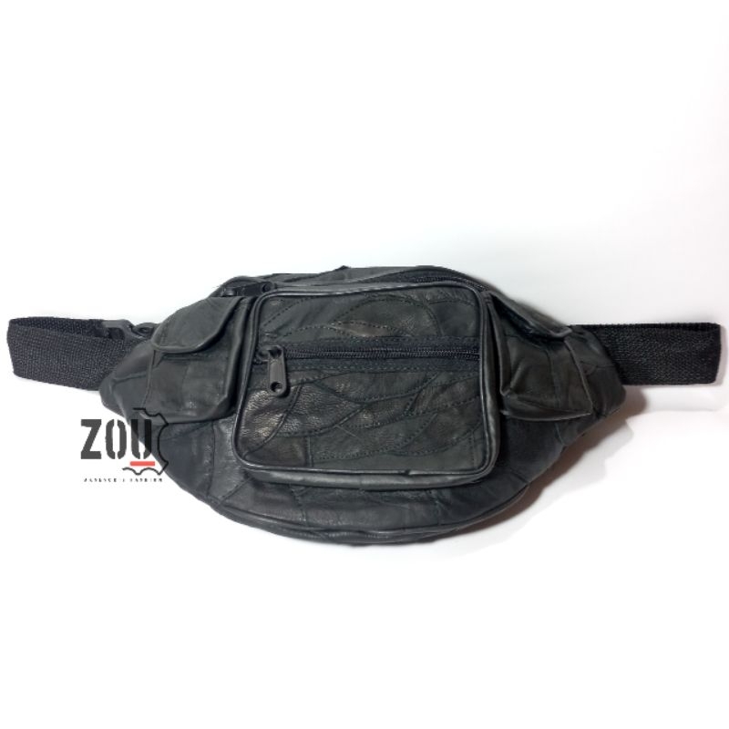 ZOU | Tas Pinggang Pria Bahan Kulit Asli Hitam Polos | Tas Dagang Pinggang Kulit Asli Sunmori