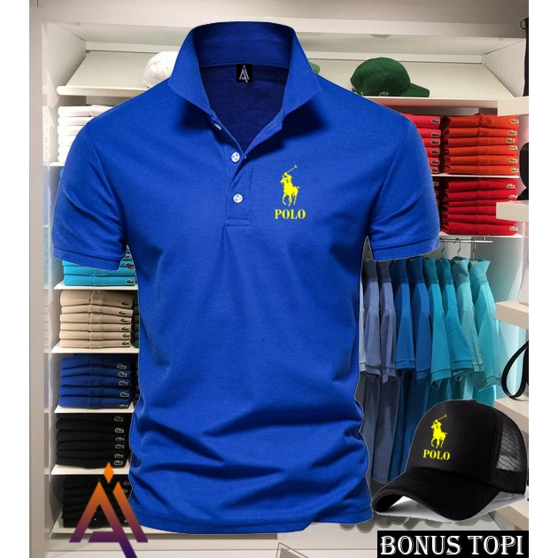 Bonus Topi !!. Kaos Kerah Pendek Ralph Text Yellow Terbaru  Baju Lengan Pendek Premium Quality >Af_F