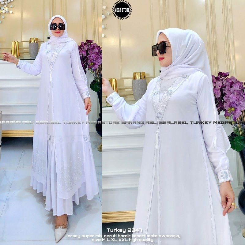 Gamis Putih Lebaran Terbaru Abaya Turki White Jumbo Best Seller Syar'i Muslimah Turkey Terkini
