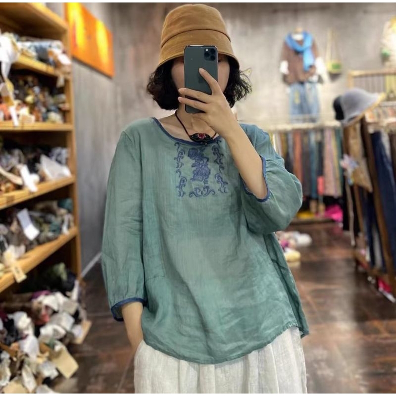 baju blouse bahan katun linen motif bordir