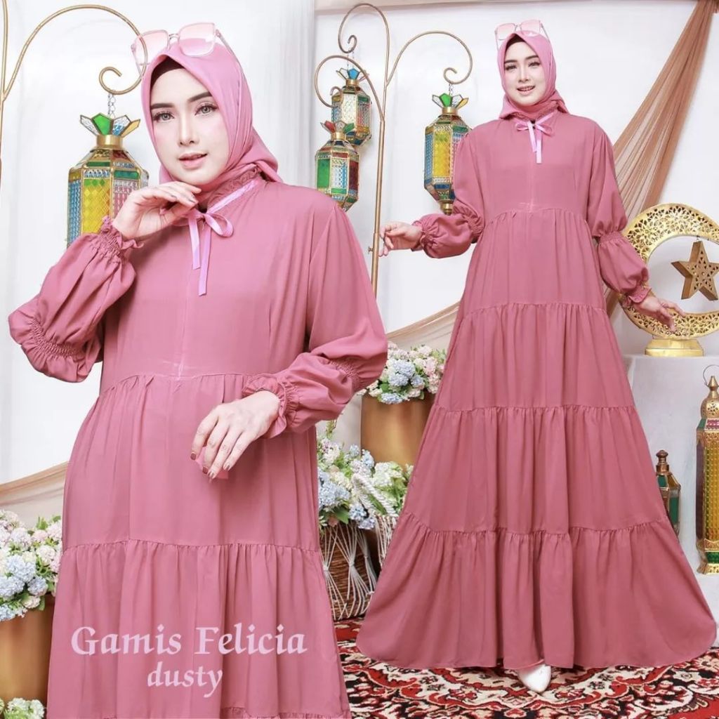COD - Baju gamis sambungan wanita lengan panjang model lengan balon dan ujung lengan karet -Gamis le