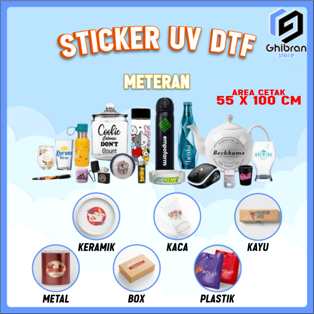 

Cetak Stiker DTF UV Meteran (55 x 100cm) | Stiker Custom | Stiker Waterproof | Stiker anti air