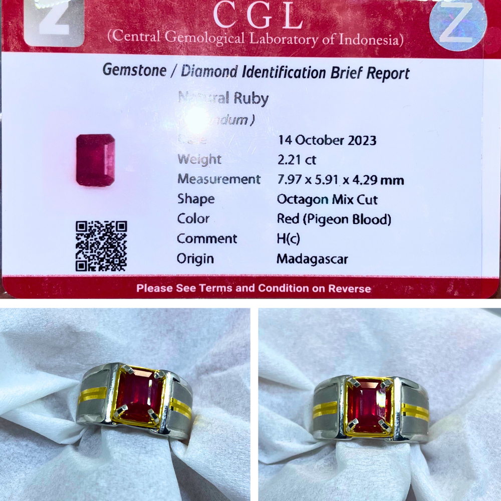 Cincin Batu Natural Ruby Pigeon Blood Memo CGL Perak Size 8