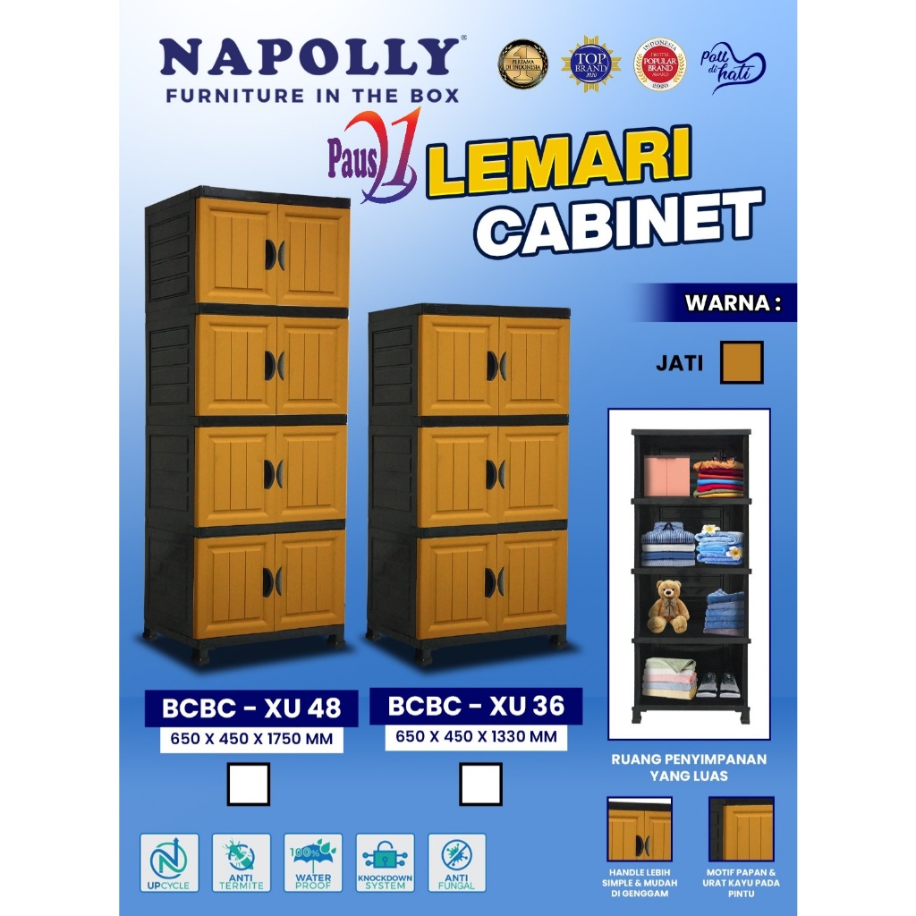 Napolly BCBC XU36 Jati & Napolly BCBC XU48 Jati | Lemari Plastik Napolly 3 Susun & 4 Susun + KUNCI