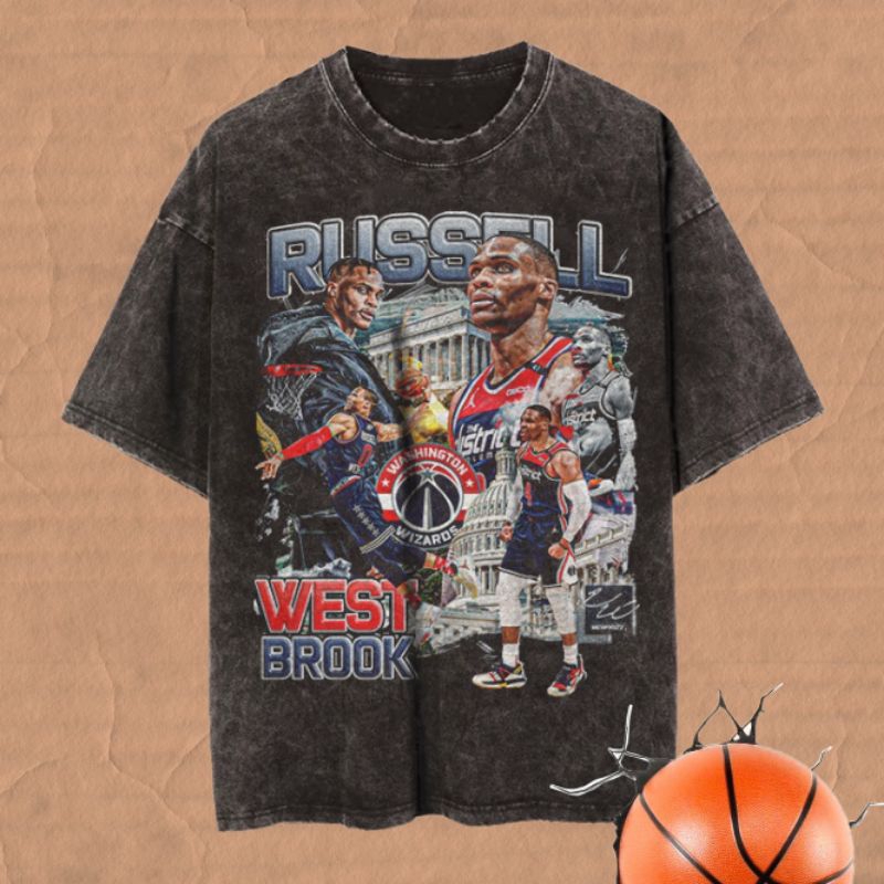 Russell Westbrook NBA Player Vintage Wash T-shirt/Kaos Russell Westbrook NBA Vintage Wash Unisex Ove