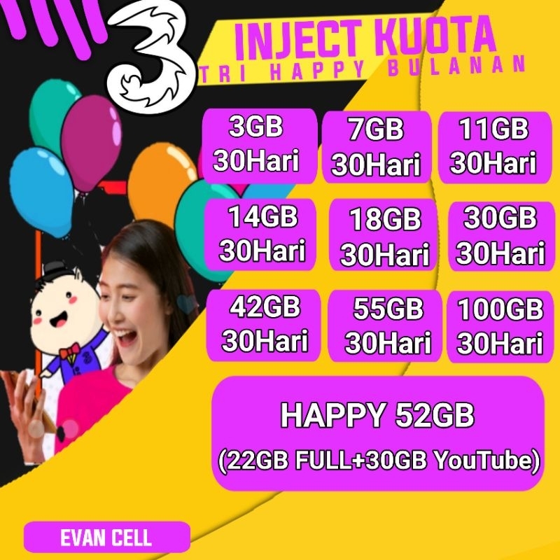 Paket Three Data Tri Kuota Elektrik Inject Internet 3 Happy 3gb 7gb 11gb 14gb 18gb 30gb 42gb 55gb