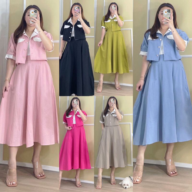 #82267 (REAL PIC) (BISA COD) - Two toned Button Crop with Flare Skirt /  SETELAN BLOUSE DAN ROK FLAR