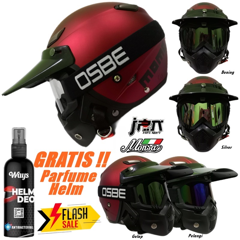 Helm Dewasa Retro Klasik JPN MOMO Monsa Vintage Merah Maroon Marun Doff Goggle Mask OSBE atau Tali P