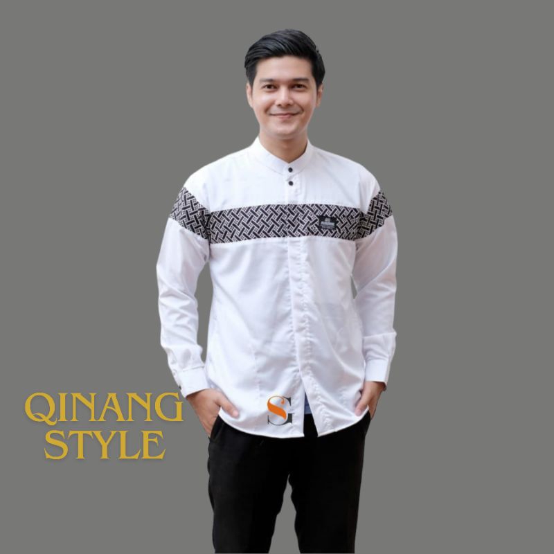 baju koko pria lengan panjang putih kombinasi batik motif kobata qinang bahan toyobo kemko hadroh la