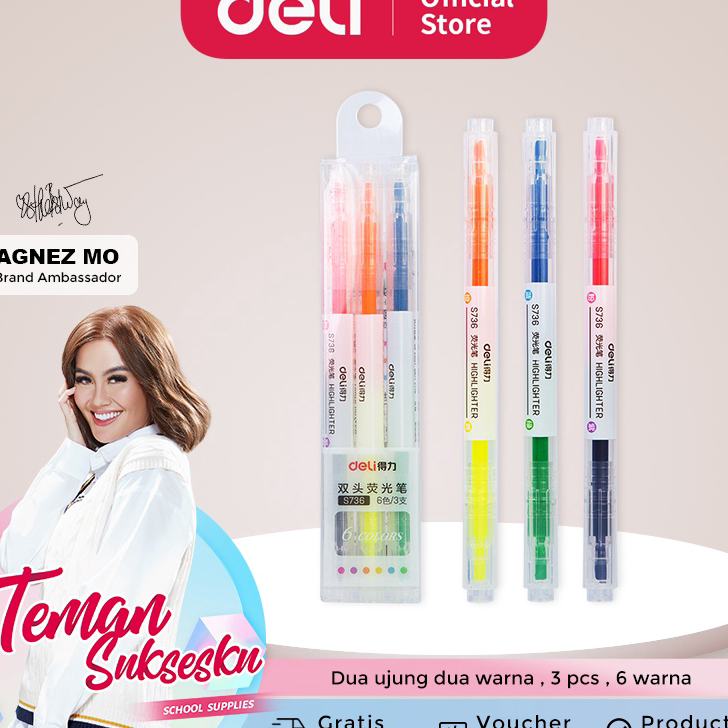 

RHZZ0695 5.5 COD Deli highlighter ujung 2 warna 3pcs/pak 6 warna S736