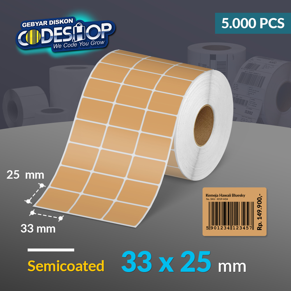 

Codeshop Custom Label Semicoated 33 x 25 mm 3 Line Warna Stiker Printer Barcode Core 1 Inch Isi 5.000 Pcs