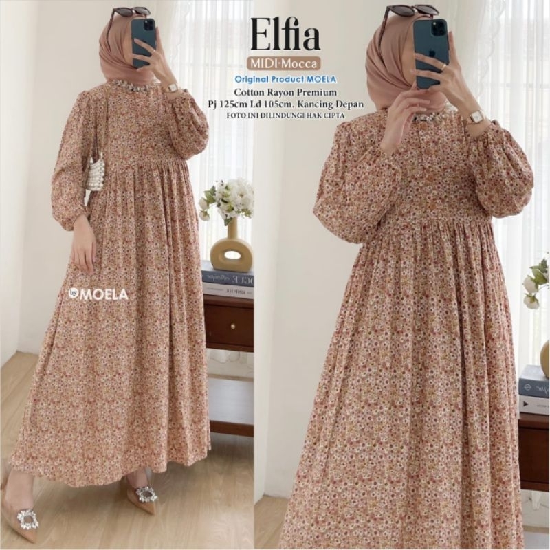 Midi dress motif bunga mini elfia ori moela LD 105 gamis casual kekinian