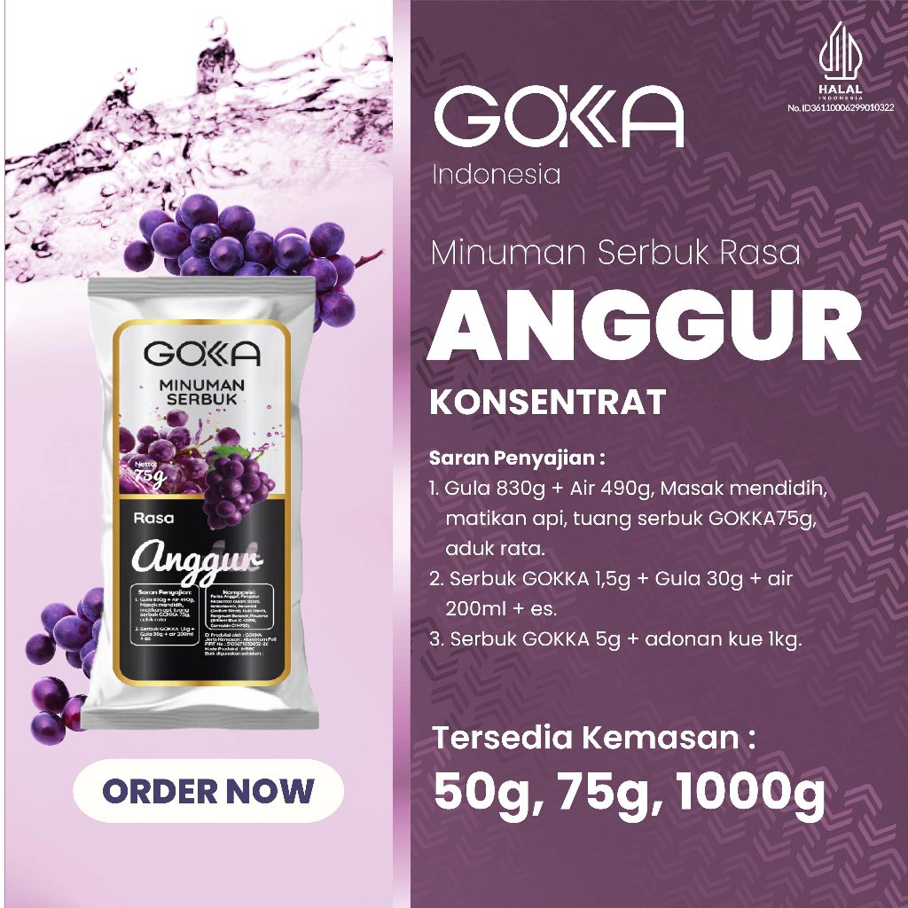 

Gokka Bubuk Powder / Minuman Kekinian Rasa Anggur Kemasan 50gr
