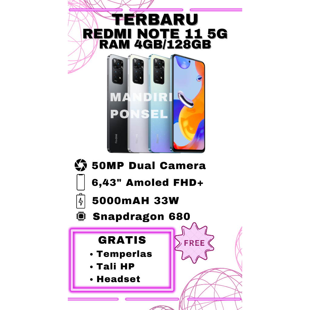 XIAOMI REDMI NOTE 11 5G RAM 4GB/128GB GARANSI RESMI GRATIS HEADSET, TEMPERGLAS dan TALI HP