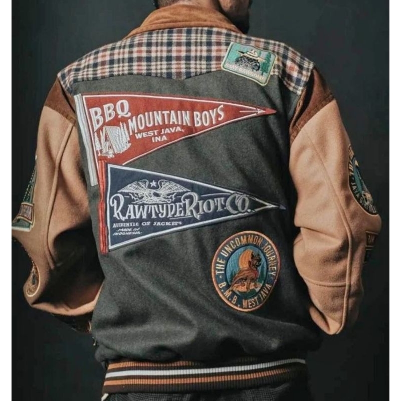 JACKET VARSITY RAW TYPE RIOT X BBQ MOUNTAIN BOYS ORIGINAL RAWTYPE TEAM BMB RTR LIMITED EDITION AUTHE