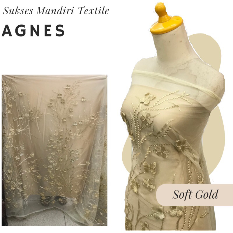 [AGNES] Tile Brokat 3D Bunga Timbul Warna Soft Gold, Harga per 1/2 meter = 50 cm BAHAN KAIN BRUKAT T