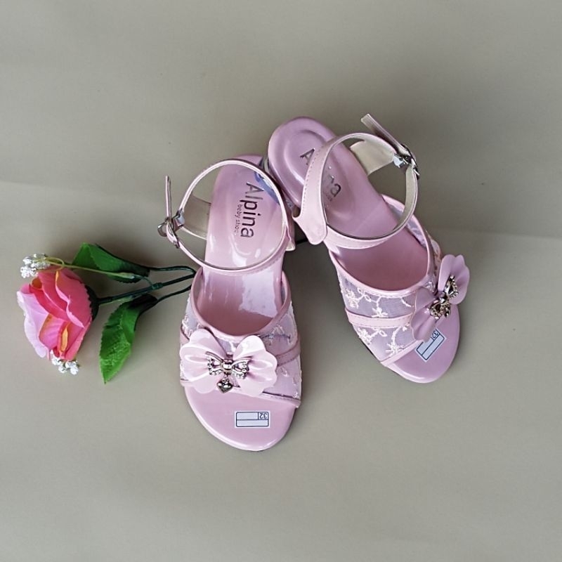 Sendal anak perempuan hak kaca kokop pita tali
