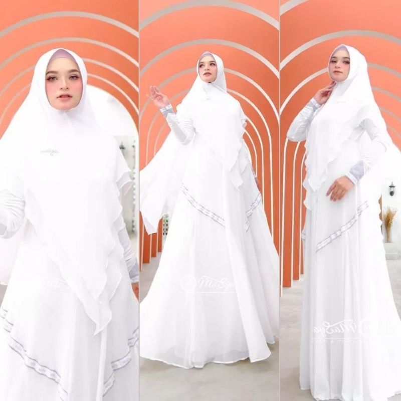 Set Gamis Dress Ceruty Babydoll Syari Branded Warna Putih Tulang - Broken White Mewah Masya Syari Or