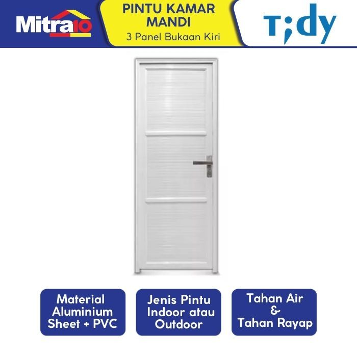 Tidy Pintu Kamar Mandi 3 Panel Aluminium Pvc + Handle Bukaan Kiri 70X200 Cm Putih (Set)