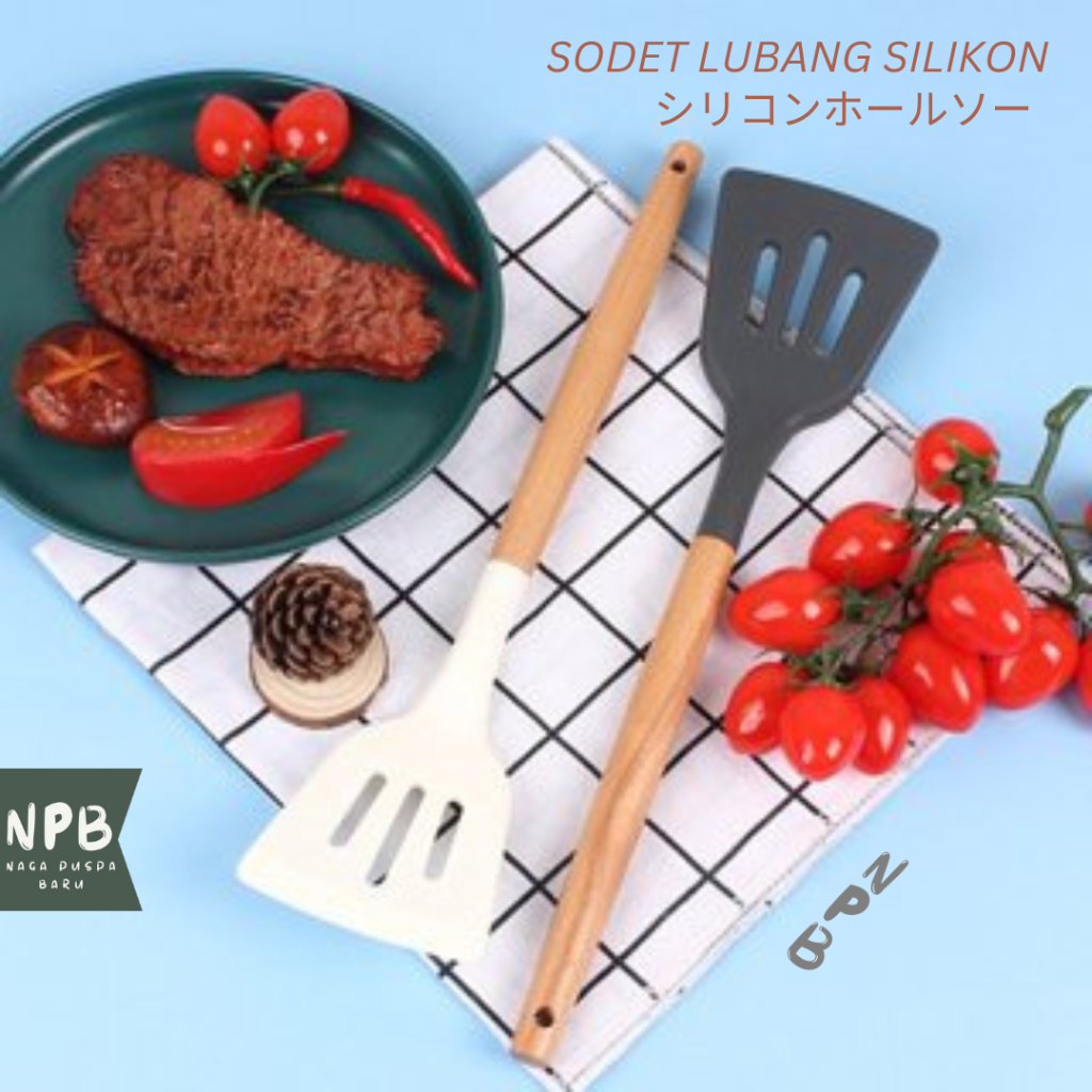 SODET LUBANG SILIKON GAGANG KAYU - LEAK SPATULA WOODEN HANDLE - SODET BERLUBANG