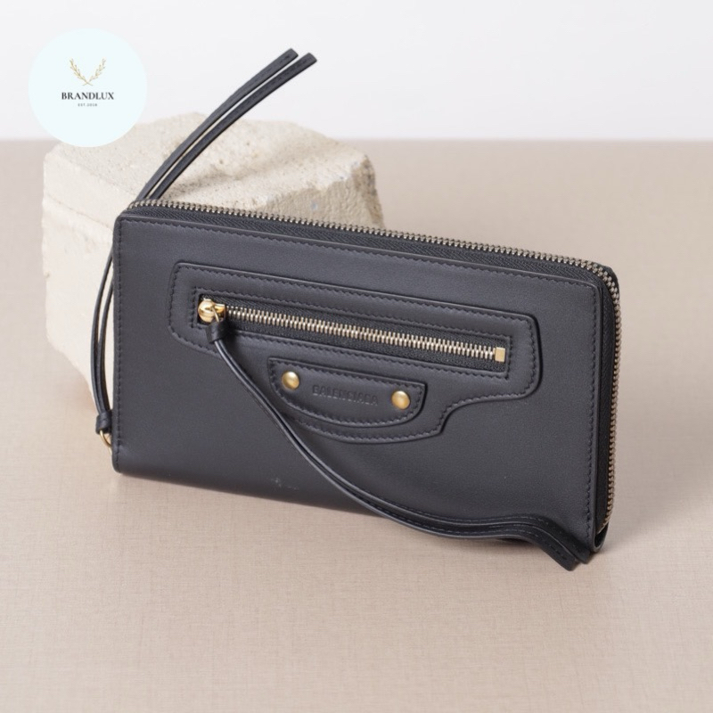 BALENCIAGA Neo Classic Zip Around Wallet in Black Smooth Leather GHW