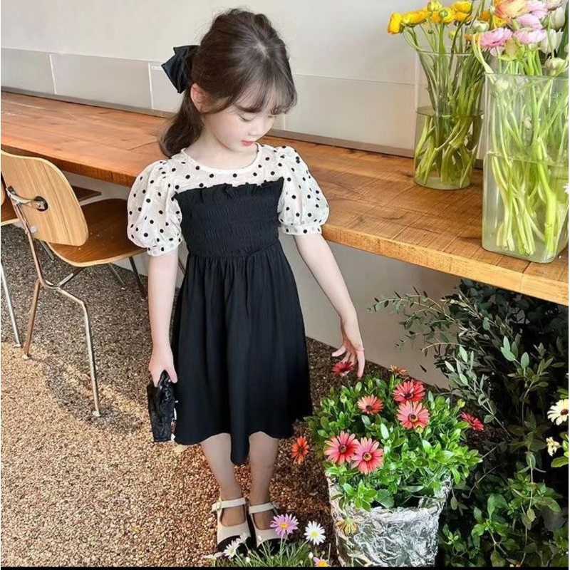 NEW ARRIVAL DRESS SMOKE POLKA HITAM KOREA IMPORT SUPER PREMIUM ANAK PEREMPUAN USIA 2 3 4 5 6 7 9 10 