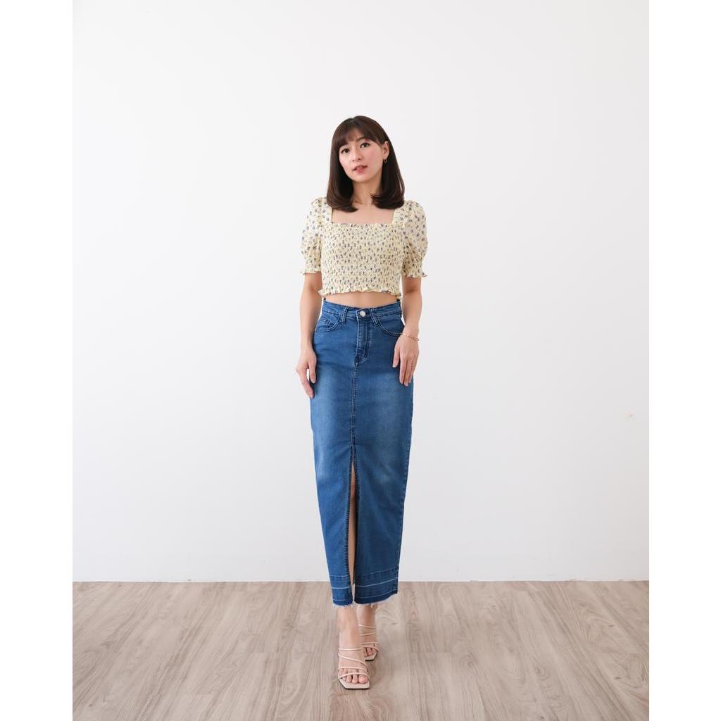 LMF - Rok Jeans Panjang Gradasi Rawis Belah Depan Dark Blue