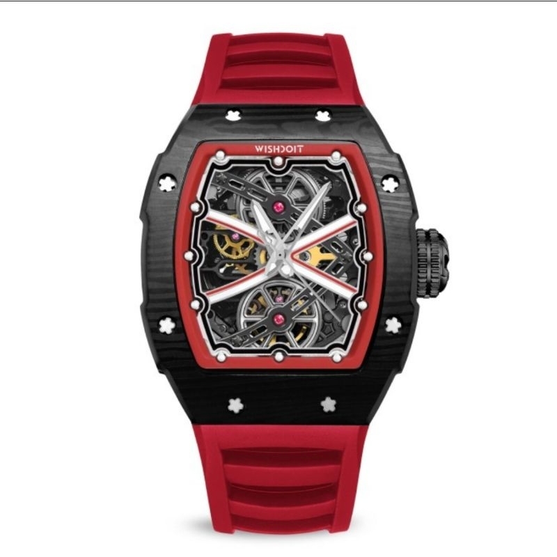 Jam tangan pria WISHDOIT The Runway - Black Carbon Watch (Red Strap)