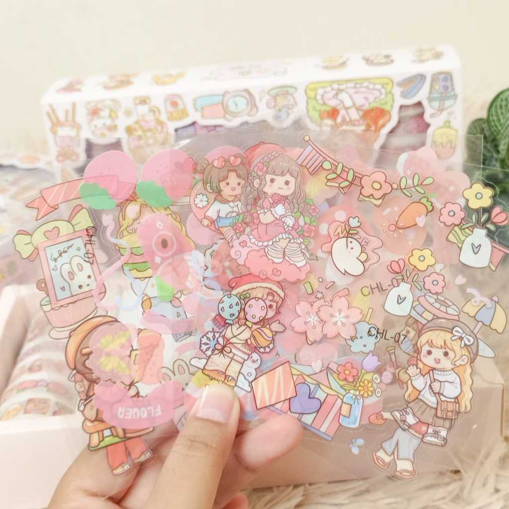 Jual Paket Stiker CHL isi 5 Lembar Sticker dan 12 Roll Washi Tape / Stiker Set Transparan / Label da