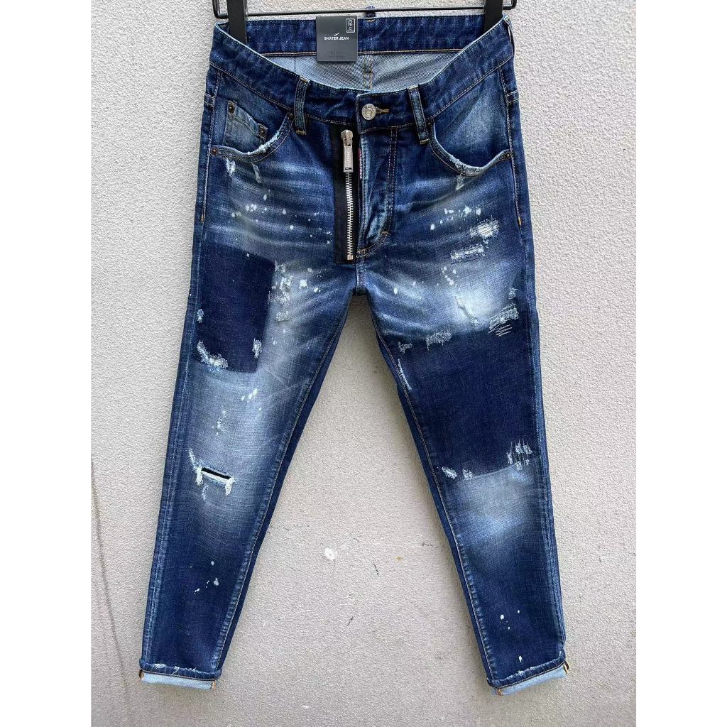 DSQUARED2 Jeans Pria Tren Fashion Celana Jeans Sembilan Titik Pergelangan Kaki Potong Ramping Cat Pe