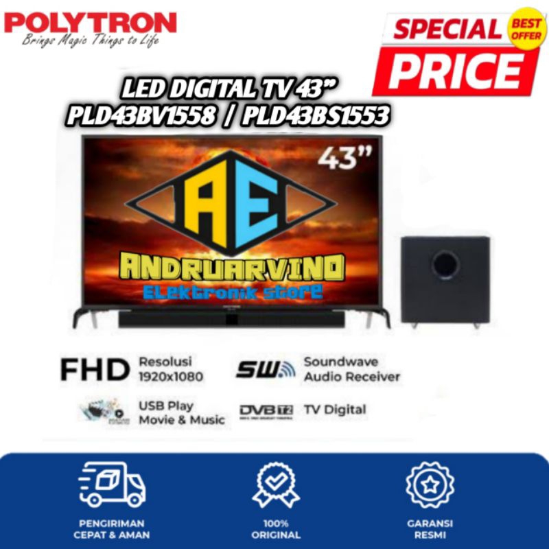 POLYTRON LED DIGITAL TV 43 INCH PLD43BS1553 | PLD43BV1558  FULL HD CINEMAX SOUNDBAR PLD43BV1558