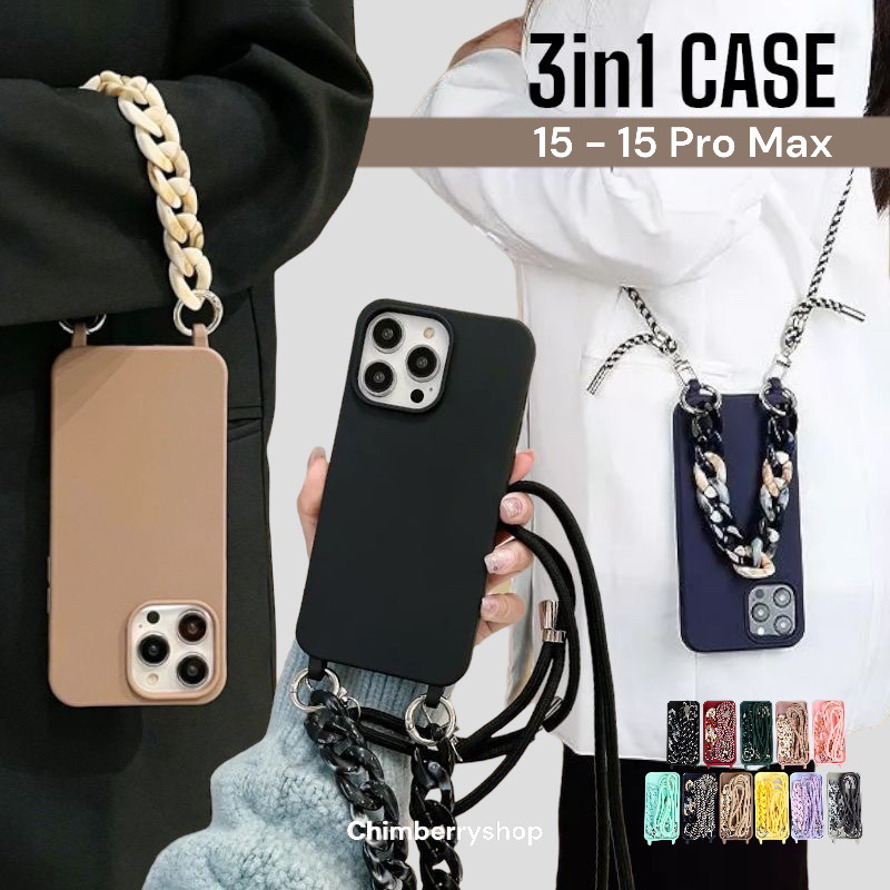 [ READY ] (3/3) 3in1 Sling Lanyard Chain Case Casing Iphone 15 15+ 14+ Plus 13 12 mini 11 Pro Max