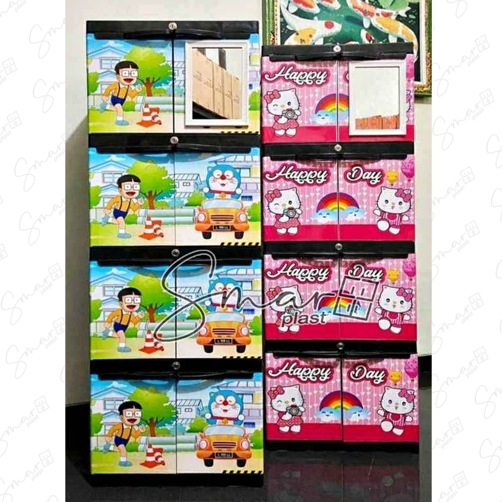 RB LEMARI PLASTIK 3 4 SUSUN TINGKAT MINI JUMBO RAK BAJU PAKAIAN KABINET MINI KACA CERMIN HELLO KITTY