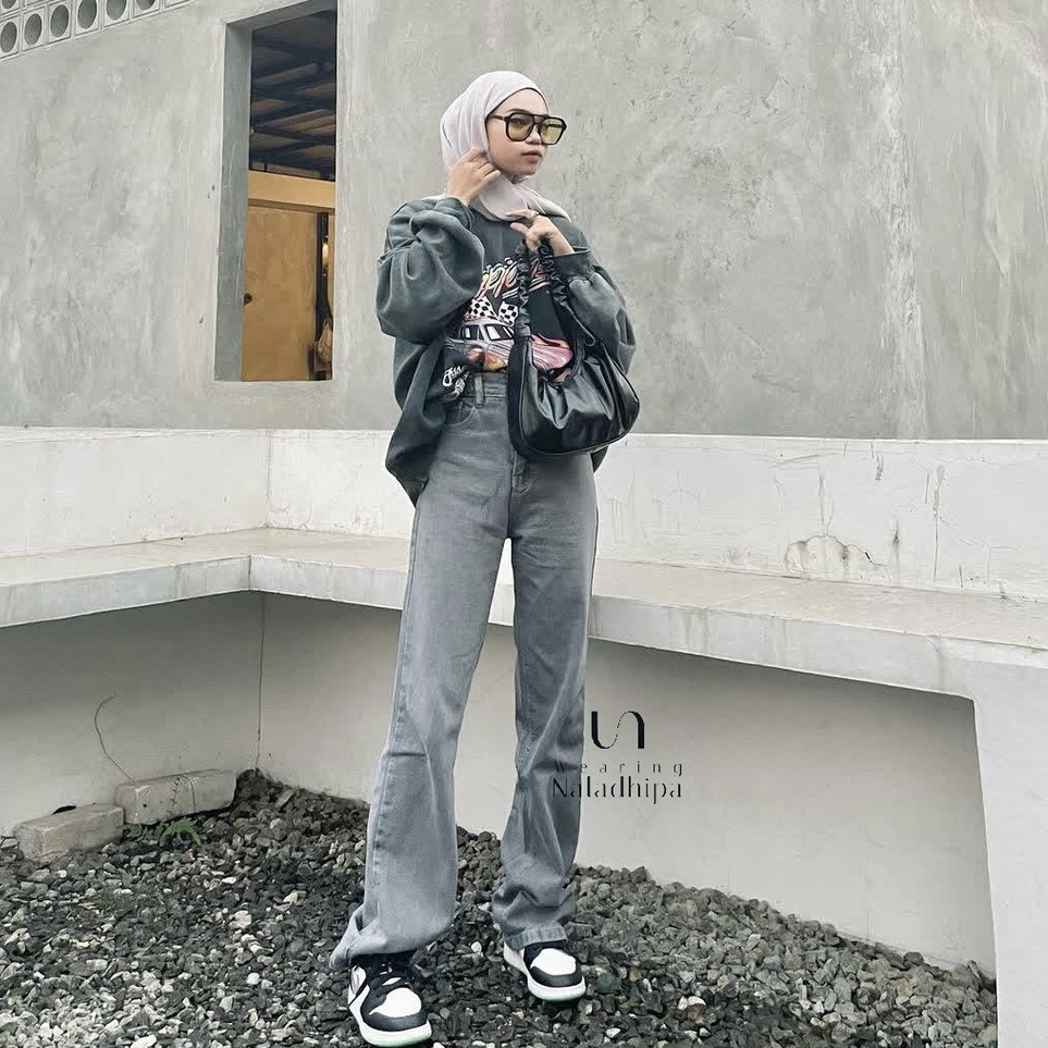 ➫✬✵ Nara Pants Grey - Celana Kulot Jeans Highwaist Wanita Loose